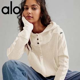 ALO Label Waffle Hooded Cardigan Sweatshirt with Zip-Up-2566