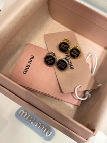 MIUMIU black enamel letter metal round button earrings-0375  