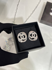 Celine silver full diamond double C hollow square earrings-0383  