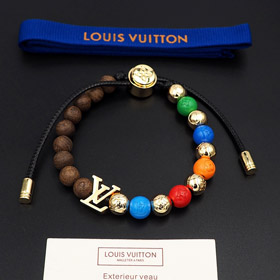 Louis Vuitton LV adjustable cord embellished wooden inscription metal beaded bracelet-0434  